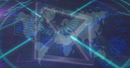 Image of processing circle and email icon over world map on navy background. global connections,...