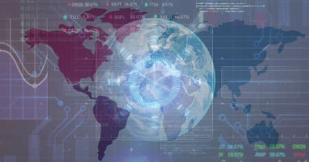 Image of diverse data processing over globe. global connections, technology and digital interface...