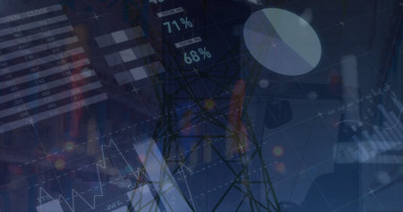 Image of graphs and data over fiend with electricity pole at dusk. electricity, energy and finance...