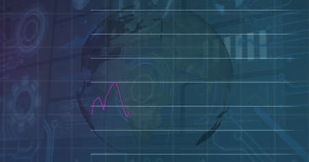 Image of financial data and graphs over rotating globe. global finance, economy, business and...
