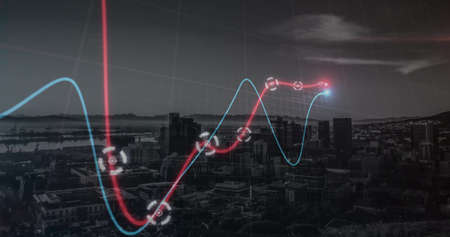 Neon statistical data processing against aerial view of cityscape at night. business technology and...