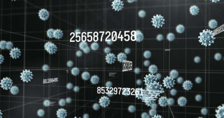 Image of virus cells and numbers and data processing. medical and healthcare services during coronavirus covid 19 pandemic concept digitally generated image.の写真素材