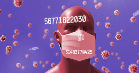 Image of virus cells and numbers and human with face mask and data processing. medical and...