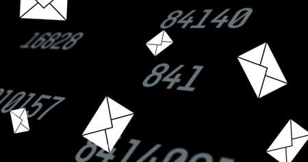 Image of envelope email icons floating and changing numbers on black background. global online...