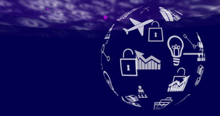 Globe of digital icons spinning against binary coding data processing on blue background. computer...