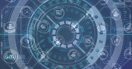 Digital image of digital icons in seamless pattern against round scanner on blue background....