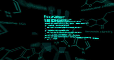 Image of chemical formulas and data processing over fingerprints on black background. digital...