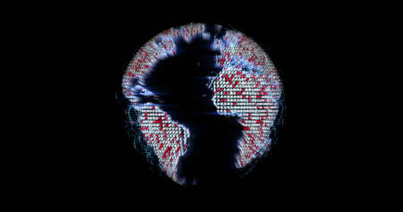 Image of glowing data processing over spinning globe on black background. global data processing,...