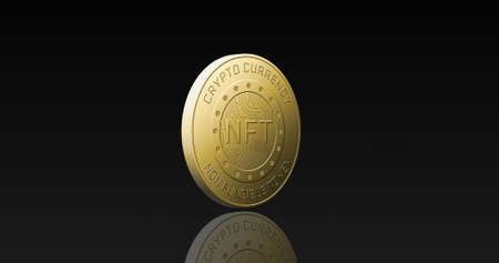 Image of golden nft coin spinning on black background. finance, business, money and cryptocurrency concept digitally generated image.の写真素材