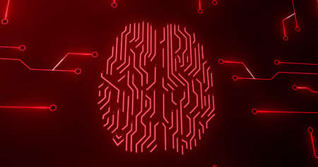 Image of red glowing human brain with computer mother board circuit over black background. online identity, data processing, digital interface and computing concept digitally generated image.の写真素材