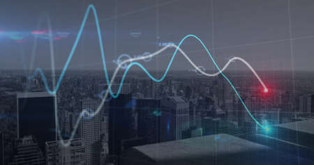 Image of financial data and statistics processing over city background. world business, finance and...