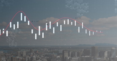 Composite image of statistical data processing against aerial view of cityscape. business statistics and technology conceptの写真素材