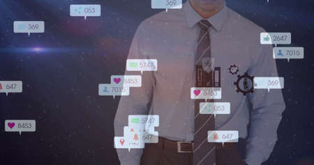 Image of social media icons and numbers over businessman on purple background. global social media,...