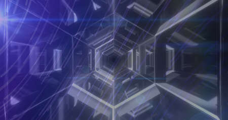 Image of light trails over digital tunnel. global data processing, connections and digital interface...