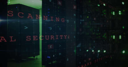 Image of data processing and online cyber attack warning over green lights of computer servers. data processing, cloud computing concept and technology concept digitally generated image.の写真素材