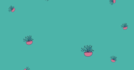 Image of illustration of houseplants in pink pots falling on blue background. domestic life and nature abstract interface background concept digitally generated image.の写真素材