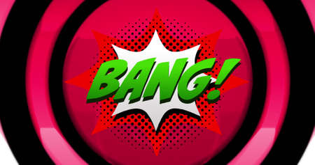 Image of bang text over colorful circles on black background. social media and communication...