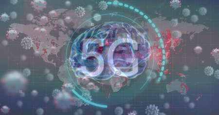 Image of scope scanning with 5g text and virus cells over brain. global business, finances,...