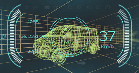 Image of speedometer and power status data on hybrid vehicle interface, over 3d van model. transport...