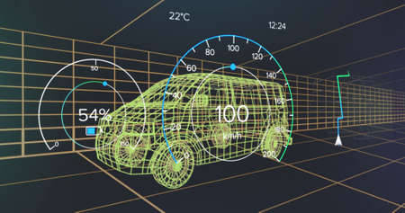 Image of speedometer, gps and charge status data on vehicle interface, over 3d van model. transport...