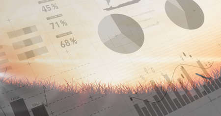 Image of statistics and data processing over airplane taking off and field. global shipping, transport and travel concept digitally generated image.の写真素材