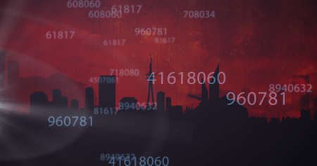 Image of numbers processing over airplane taking off and cityscape on red background. global...