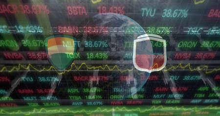 Image of team emblems and globe with graphs and data processing over sports stadium. sport,...