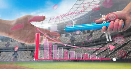 Coronavirus statistical data processing against hand passing a baton against sports stadium. sports competition and tournament during coronavirus covid-19 pandemic conceptの写真素材