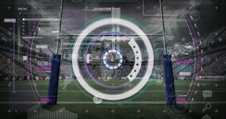 Image of scope scanning and data processing over sports stadium. global sports, competition...