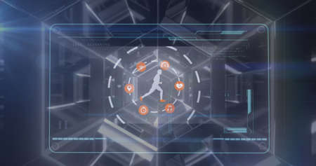 Image of icons and scanner processing data over digital athlete running. sport, fitness and...