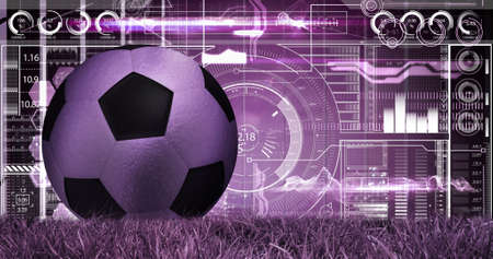 Image of scope scanning and data processing with football over sports stadium. global sports, competition technology and digital interface concept digitally generated image.の写真素材