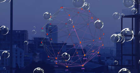 Image of network of connections with bubbles over cityscape. global business and digital interface...