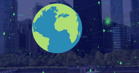 Image of network of connections with globe over cityscape. global business and digital interface...