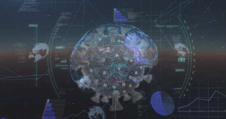 Image of scope scanning and virus cell over brain. global business, finances, connections and...