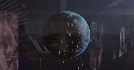 Image of data and statistics processing over earth globe and outer space. global connections, data...