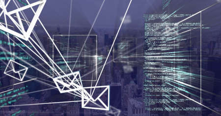 Image of data processing and envelope icons over cityscape. global business and digital interface...