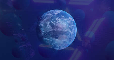 Image of neon triangles spinning over earth globe and outer space. global connections, data...