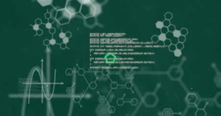Image of data processing and shapes over green shapes. global science and digital interface concept...
