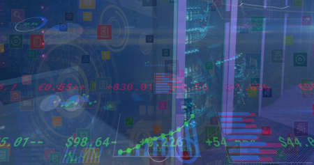 Image of financial data processing and statistics over computer servers. global finance, business...