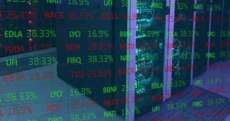 Image of financial data processing over computer servers. global computing, digital interface and...
