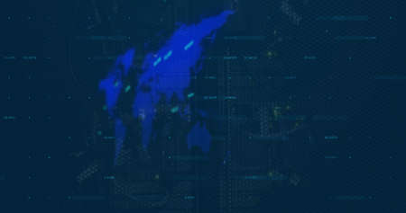 Image of world map, numbers changing and data processing. global computing, digital interface and data processing concept digitally generated image.の写真素材