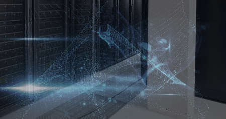 Image of data processing and online security padlock with circuit board over computer servers....