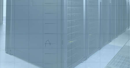 Image of statistics and data processing over room with computer servers. global computing, digital...