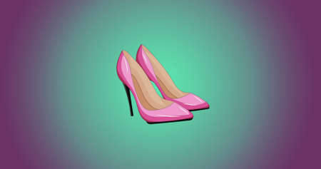 Image of pink high heeled shoes over purple and blue background. fashion, social network and digital interface concept digitally generated image.の写真素材