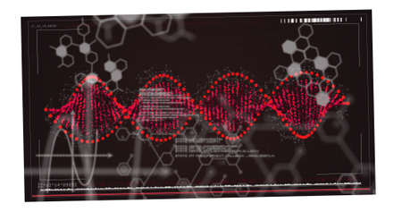 Image of scientific data processing over dna strand spinning. global science, research, data...