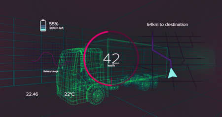 Image of speedometer, gps and charge status data on vehicle interface, over 3d truck model....