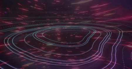 Image of light trails over moving shapes. global data processing, connections and digital interface concept digitally generated image.の写真素材