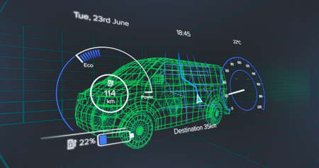 Image of speedometer, gps and charge status data on vehicle interface, over 3d van model. transport...