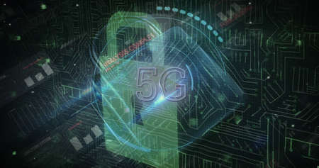 Image of security padlock and data processing over navy background. global communication and data...
