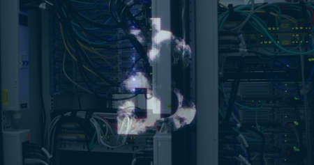 Image of bitcoin symbol over server room. global business, finances, connections and digital interface concept digitally generated image.の写真素材